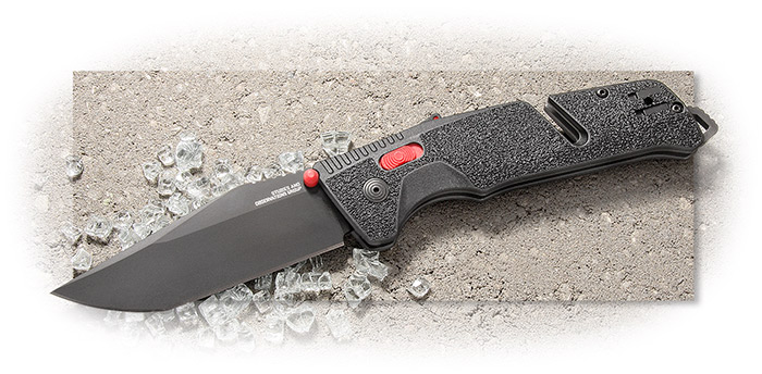 SOG - TRIDENT AT - BLACK/RED - BLACK TINI COATED TANTO BLADE BLACK GRN HANDLE W/RED ACCENTS