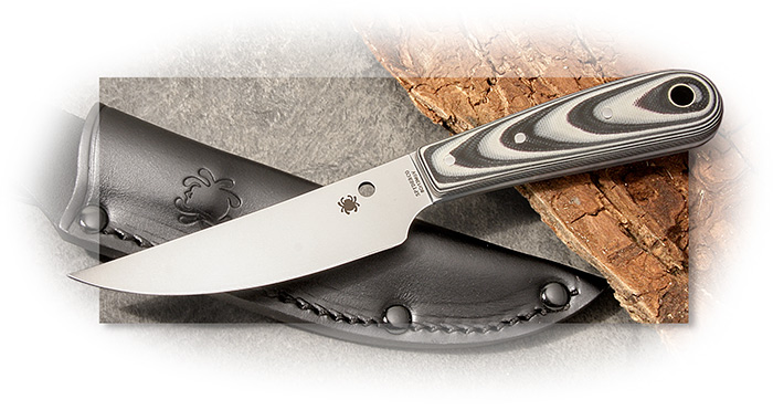 SPYDERCO - BOW RIVER FIXED BLADE - LAYERED BLACK AND GRAY G-10 HANDLE - BLACK LEATHER SHEATH