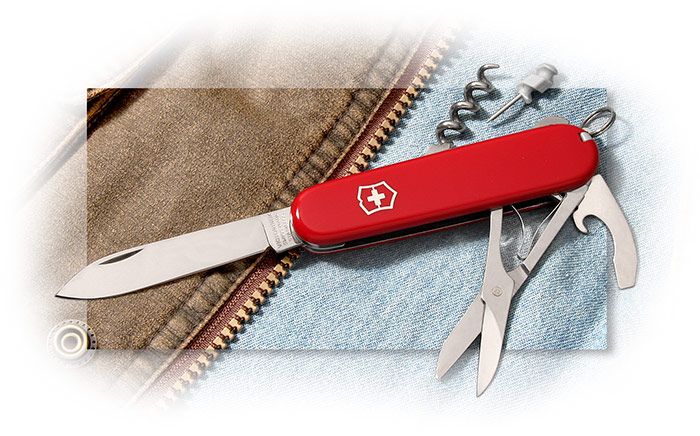 SWISS ARMY - COMPACT - MEDIUM SIZED MULTI-TOOL POCKET KNIFE - RED PLASTIC HANDLE - LARGE BLADE