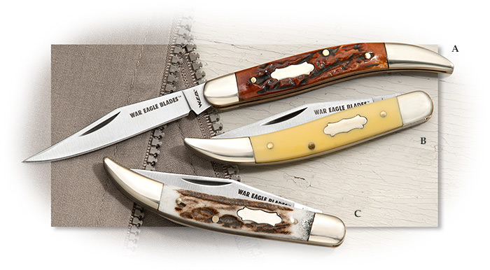 Traditional War Eagle Small Toothpick pocket knives in jigged bone, yellow delrin, and India stag