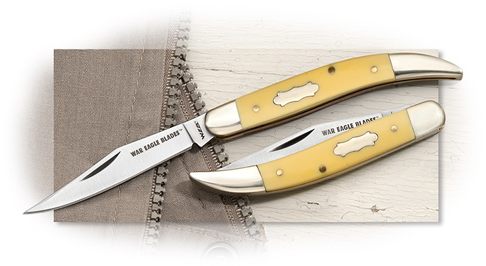 Traditional War Eagle Small Toothpick pocket knives in yellow delrin